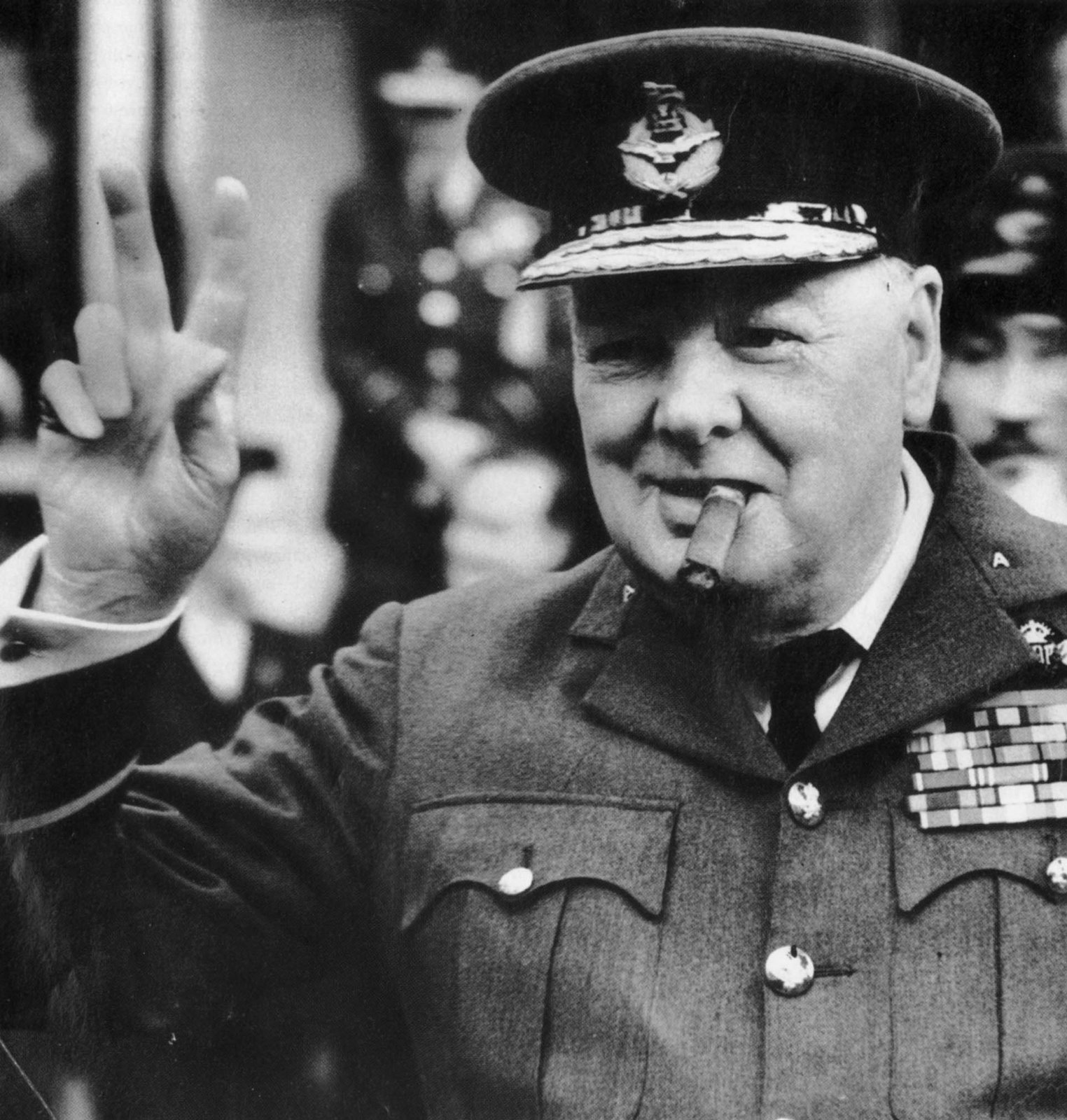 Winston Churchill in Military Garb Shows V-for-Victory Salute
